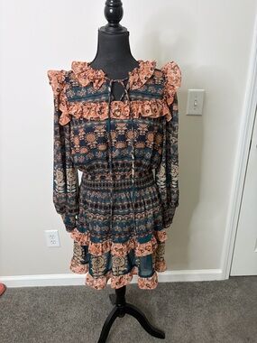 NWT AUREUM Teal and Peach Ruffled Long-Sleeve Tiered Mini Dress